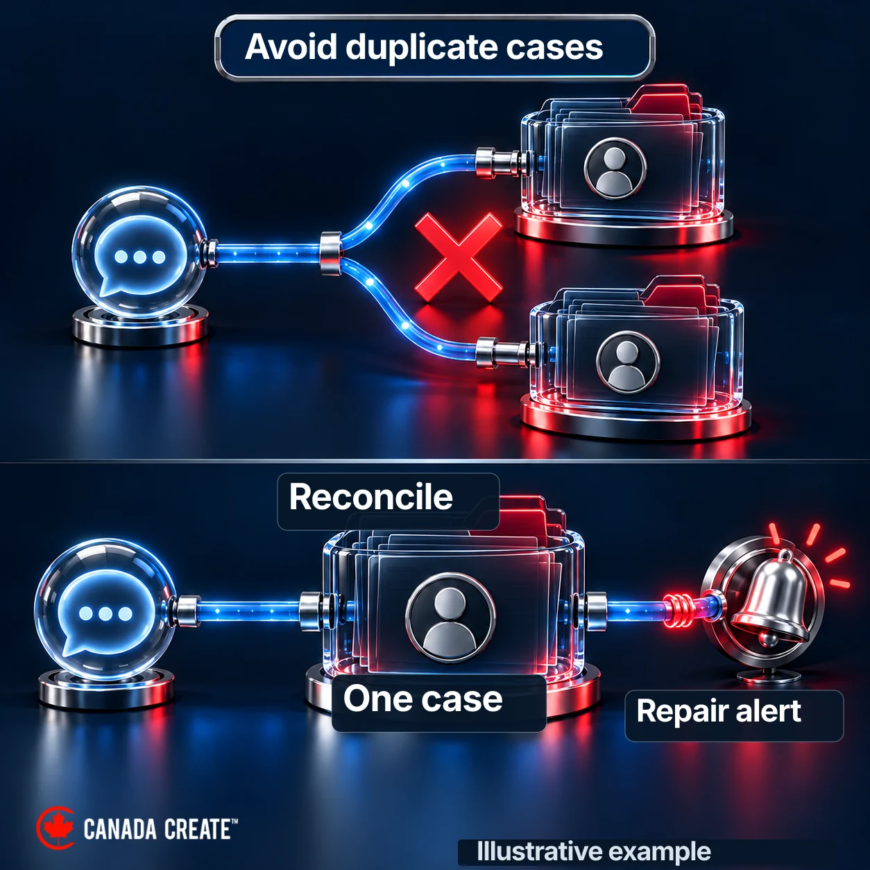Recovery looks for the original case and repairs its notification rather than blindly creating duplicate cases.