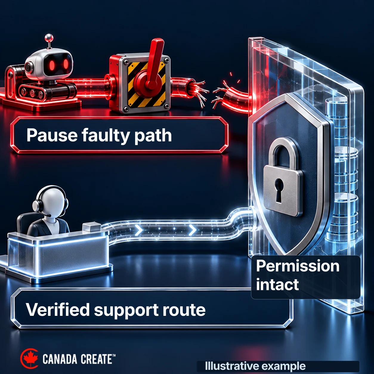 A faulty automated path can be paused while an authorized, verified support route remains available.