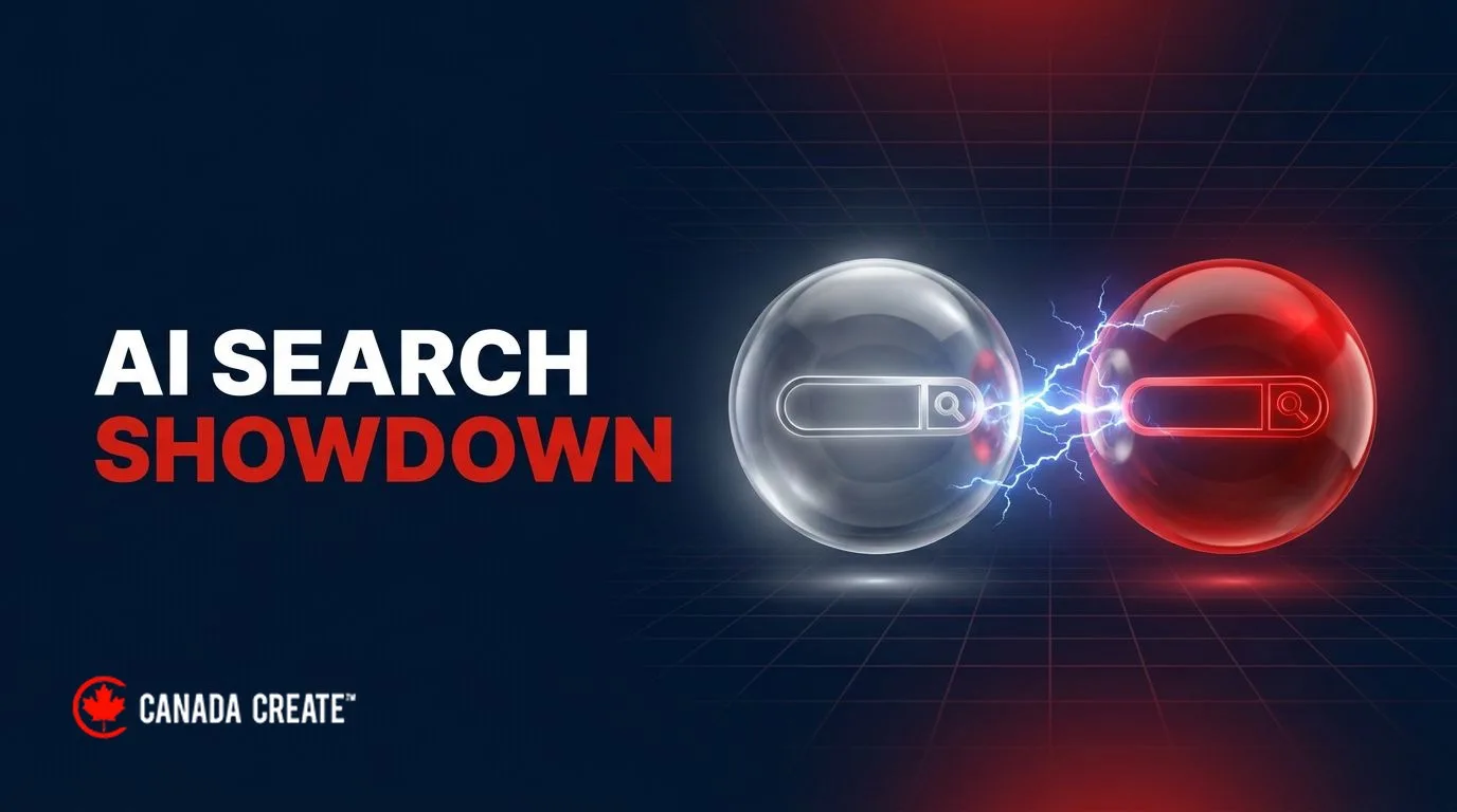 AI search showdown: two glowing glass orbs with search bars inside and lightning arcing between them