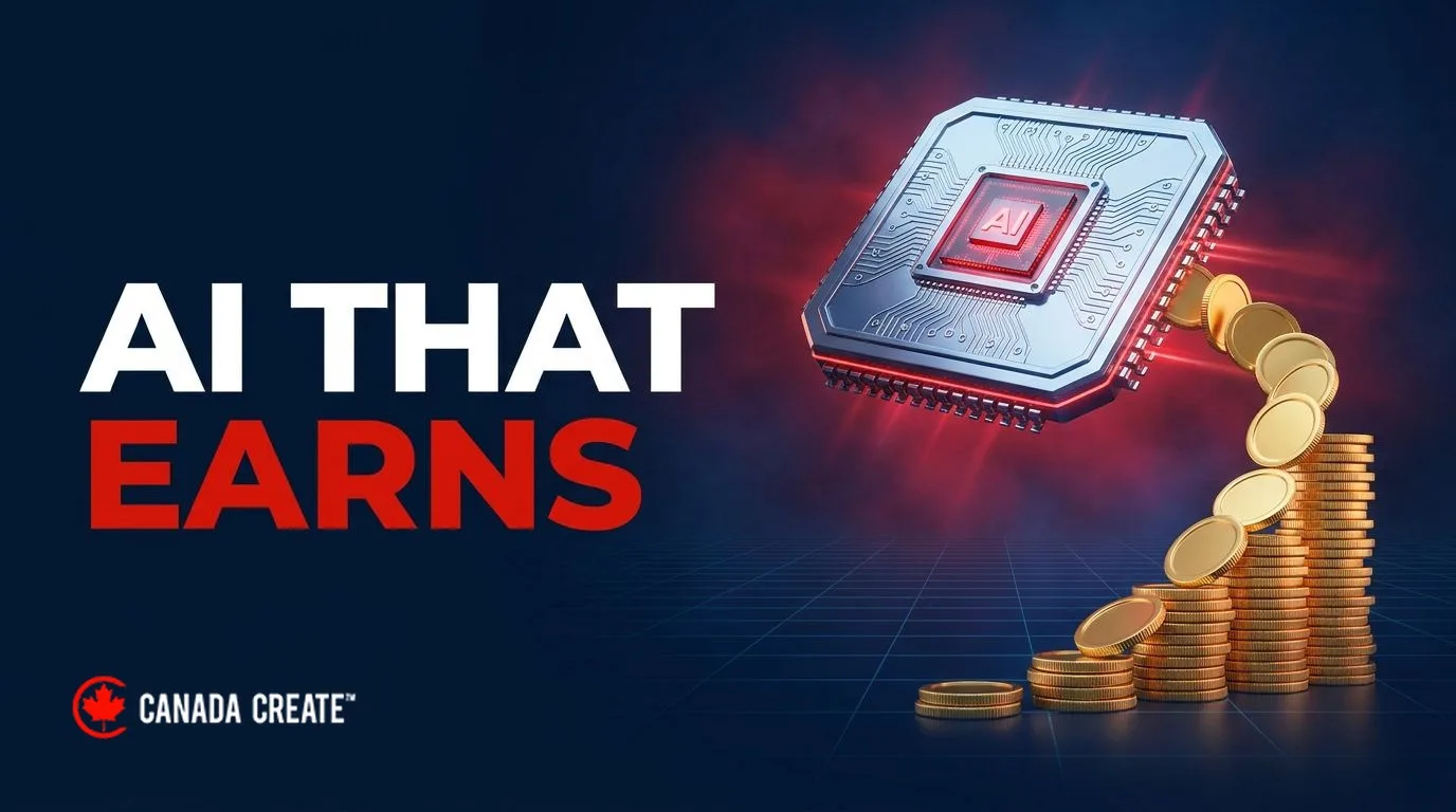 AI that earns: an AI microchip with a red core pouring gold coins into a rising stack