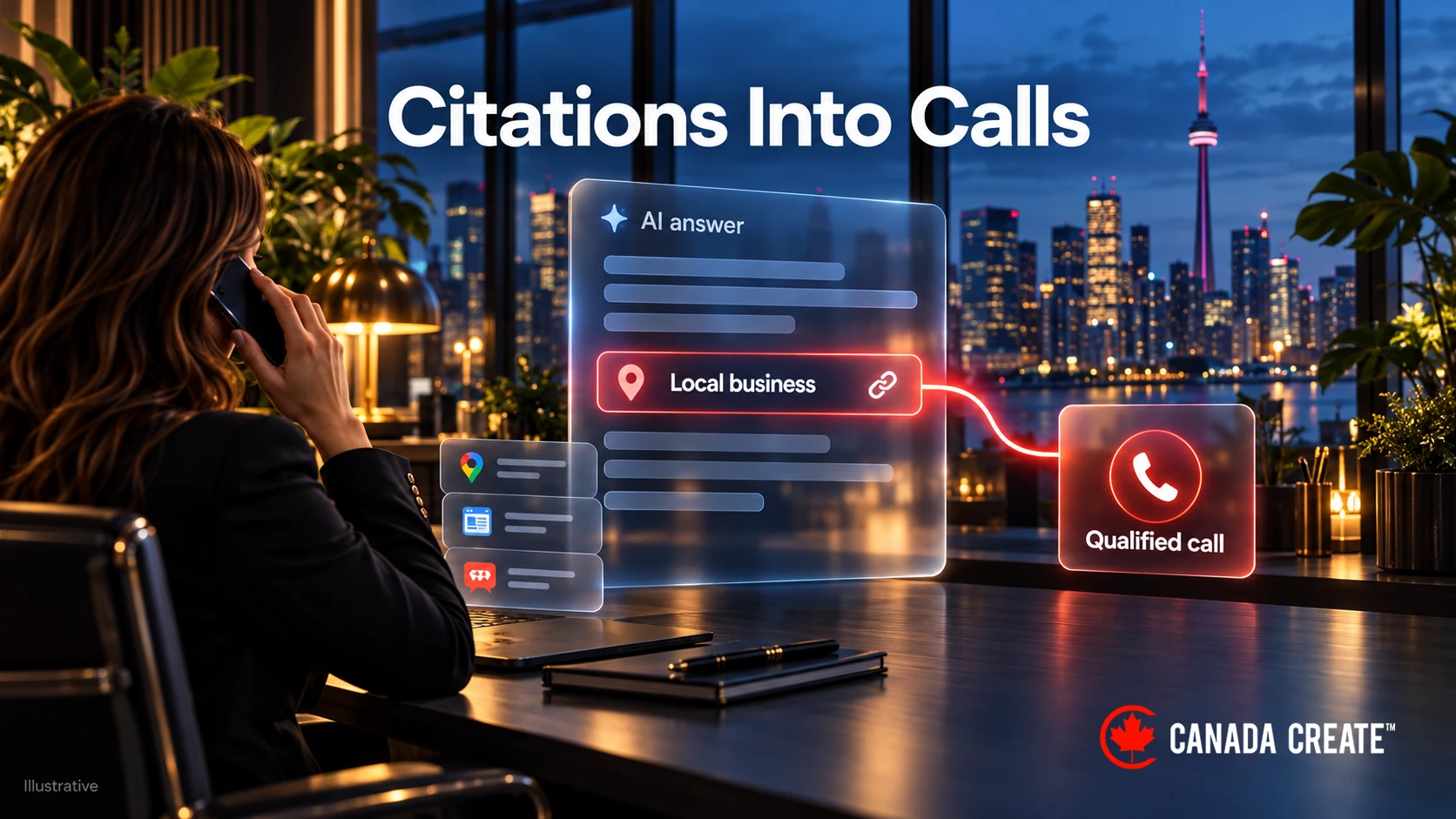 Illustration of a Toronto business owner taking a call, with an AI search citation linked to a qualified-call panel.
