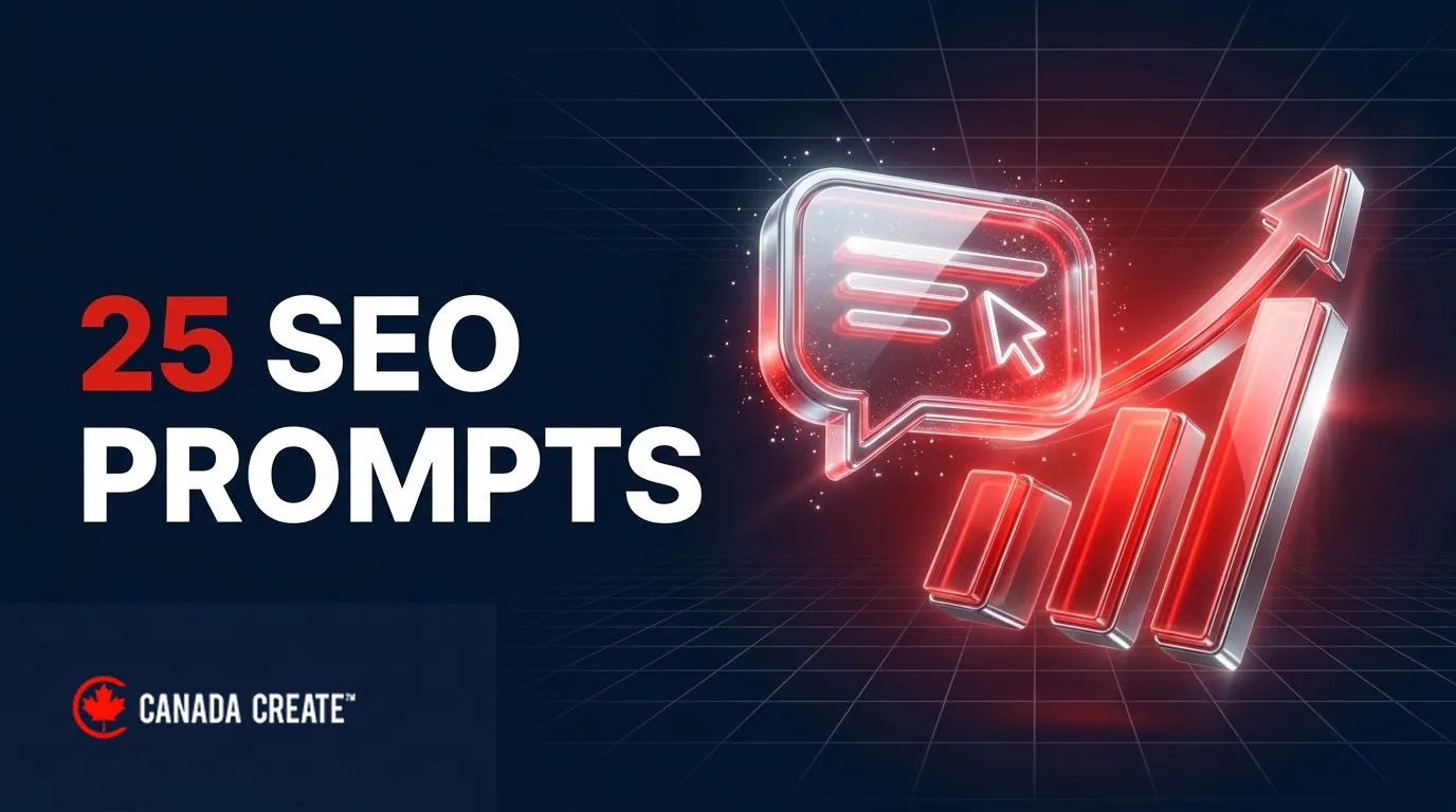 25 SEO prompts: a glowing AI chat bubble beside a rising red bar chart