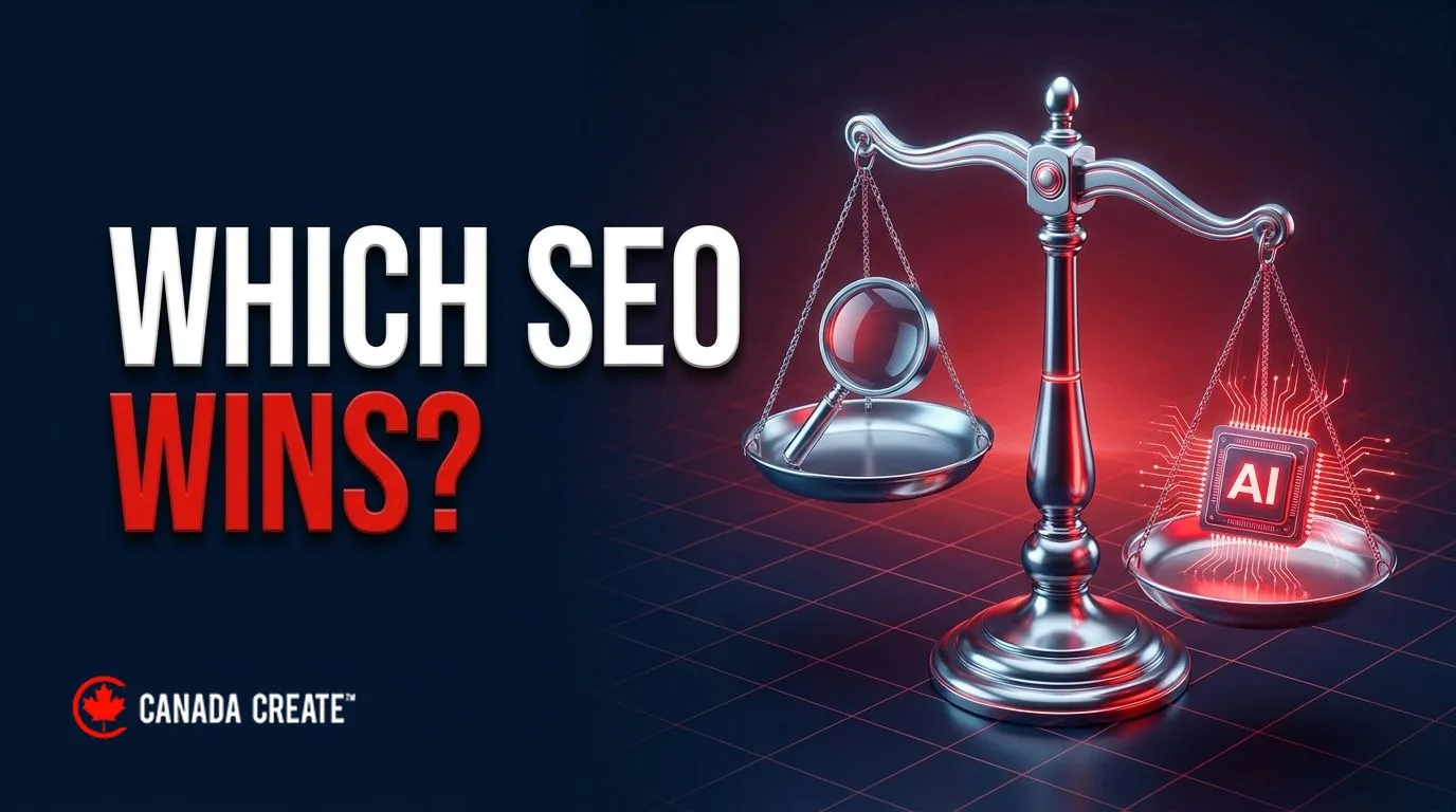 Which SEO wins: a balance scale with a glowing red AI chip outweighing a silver magnifying glass