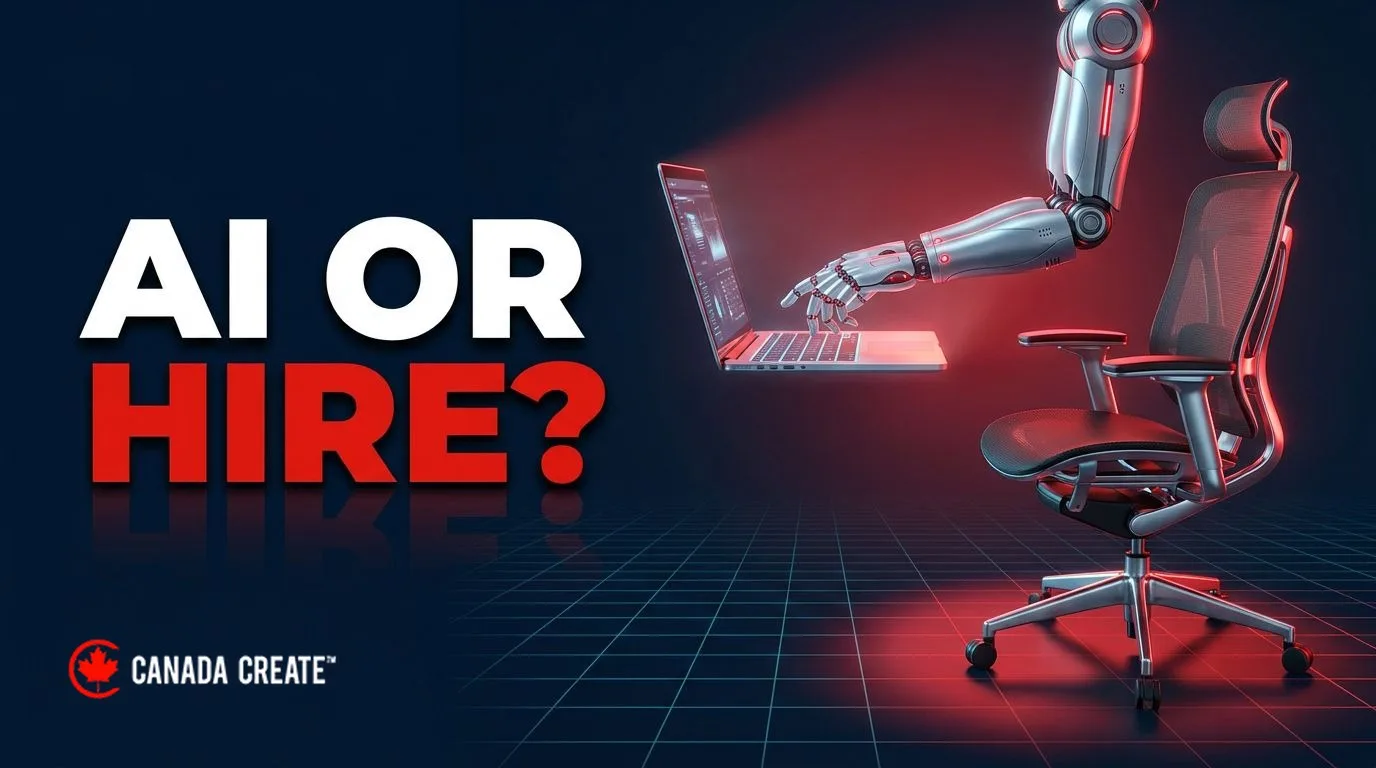 AI or hire: a robotic arm working at a laptop beside an empty office chair under a red spotlight