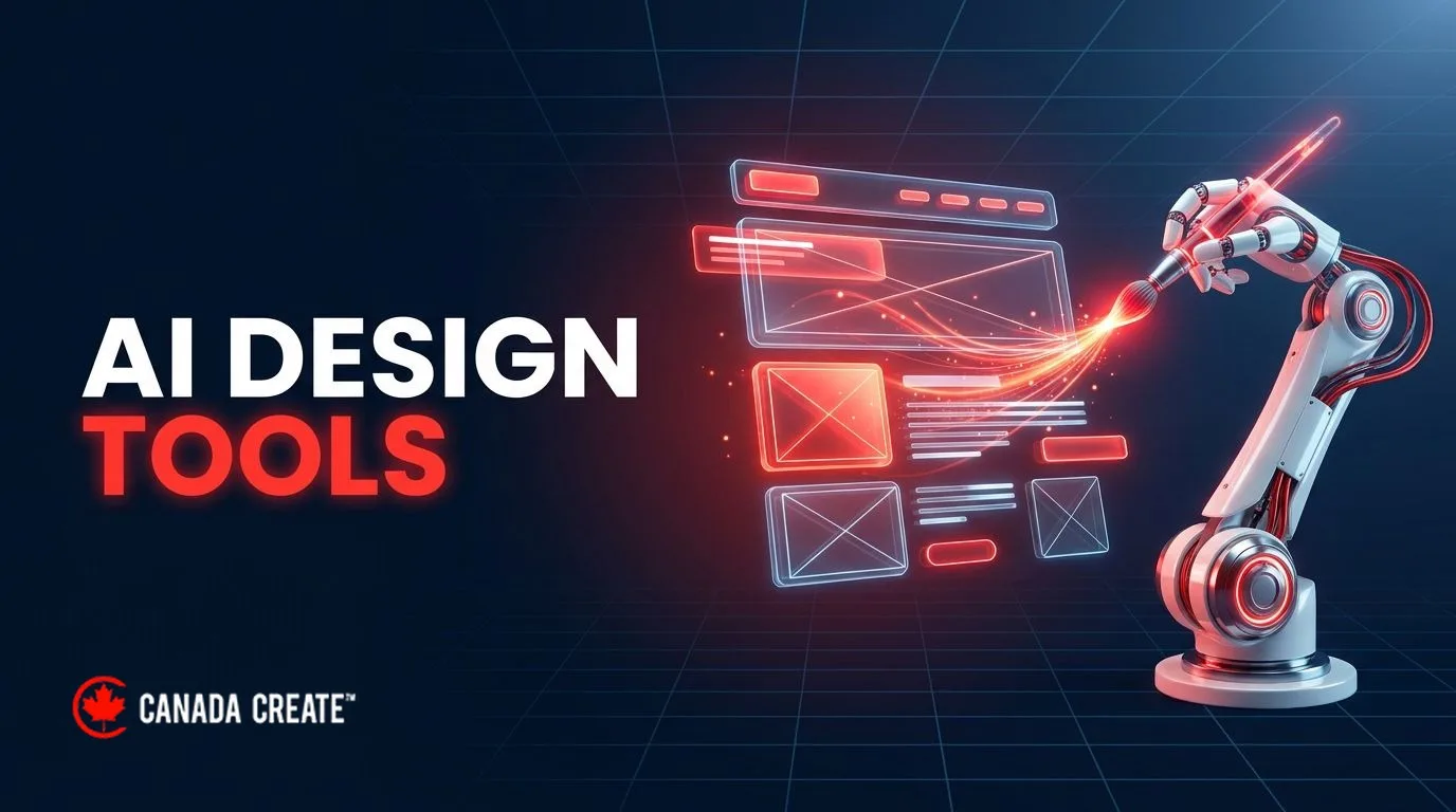 AI design tools: a robotic arm painting a glowing website layout with a red light brush