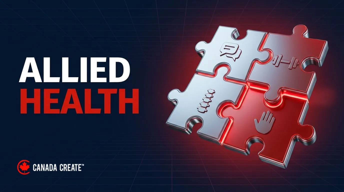 Allied health: four glossy puzzle pieces with health icons clicking together along glowing red seams