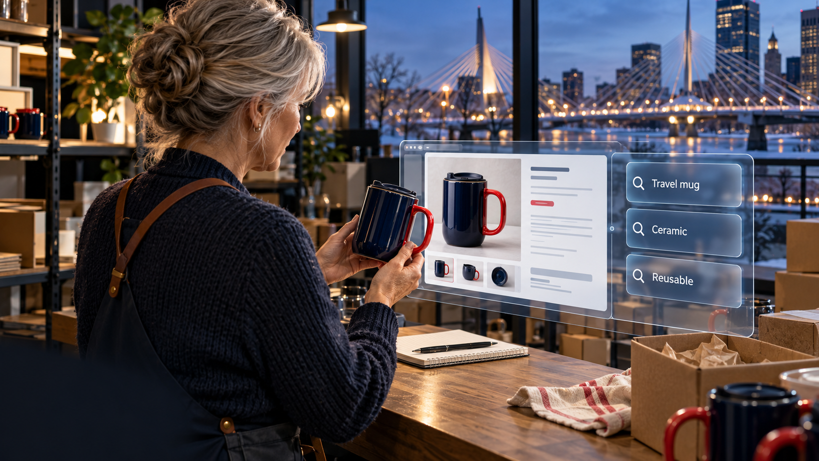 Seller reviewing a product listing and related search themes beside a matching product sample.