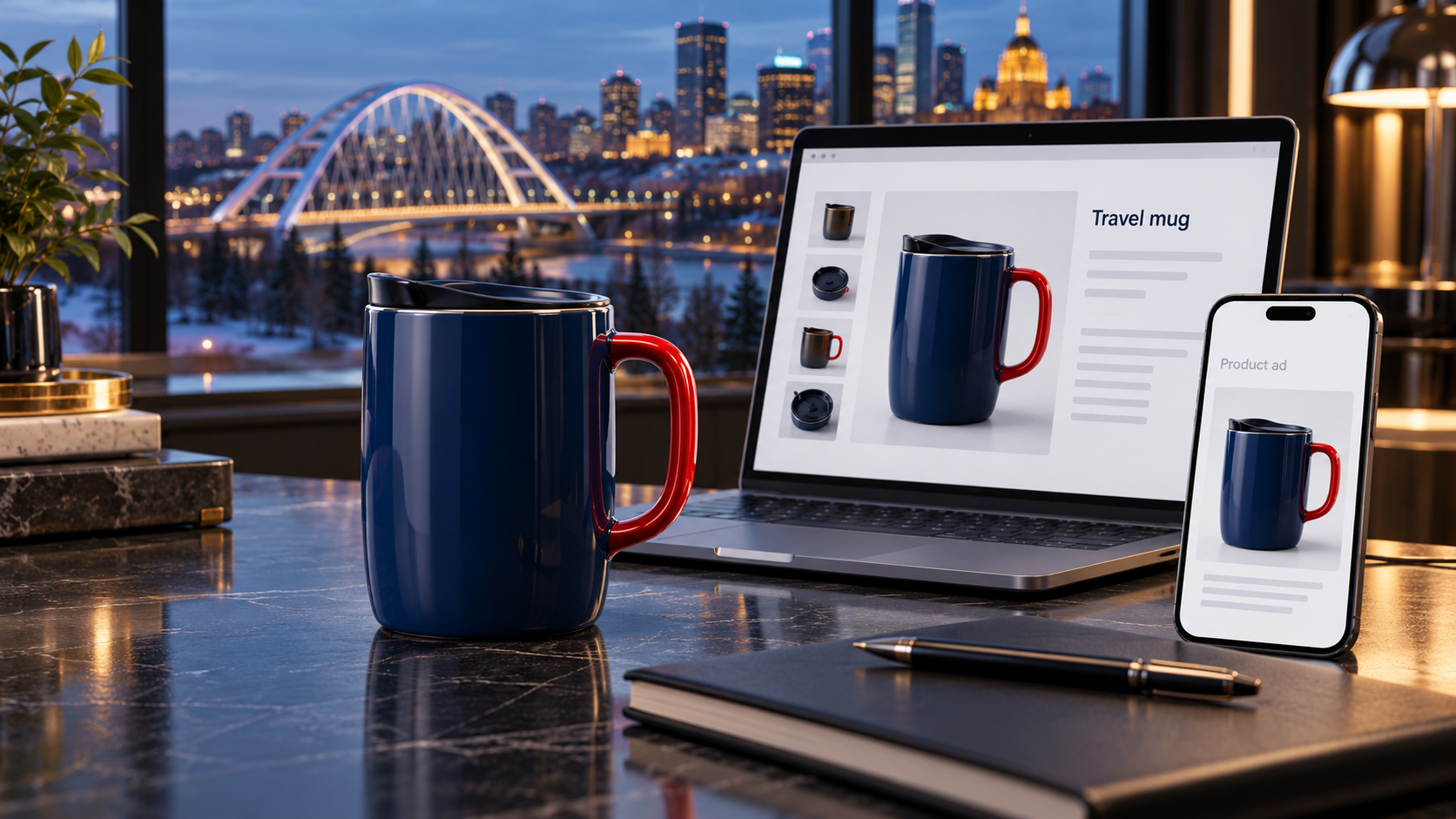 A ceramic travel mug shown alongside matching product-detail and advertising previews.