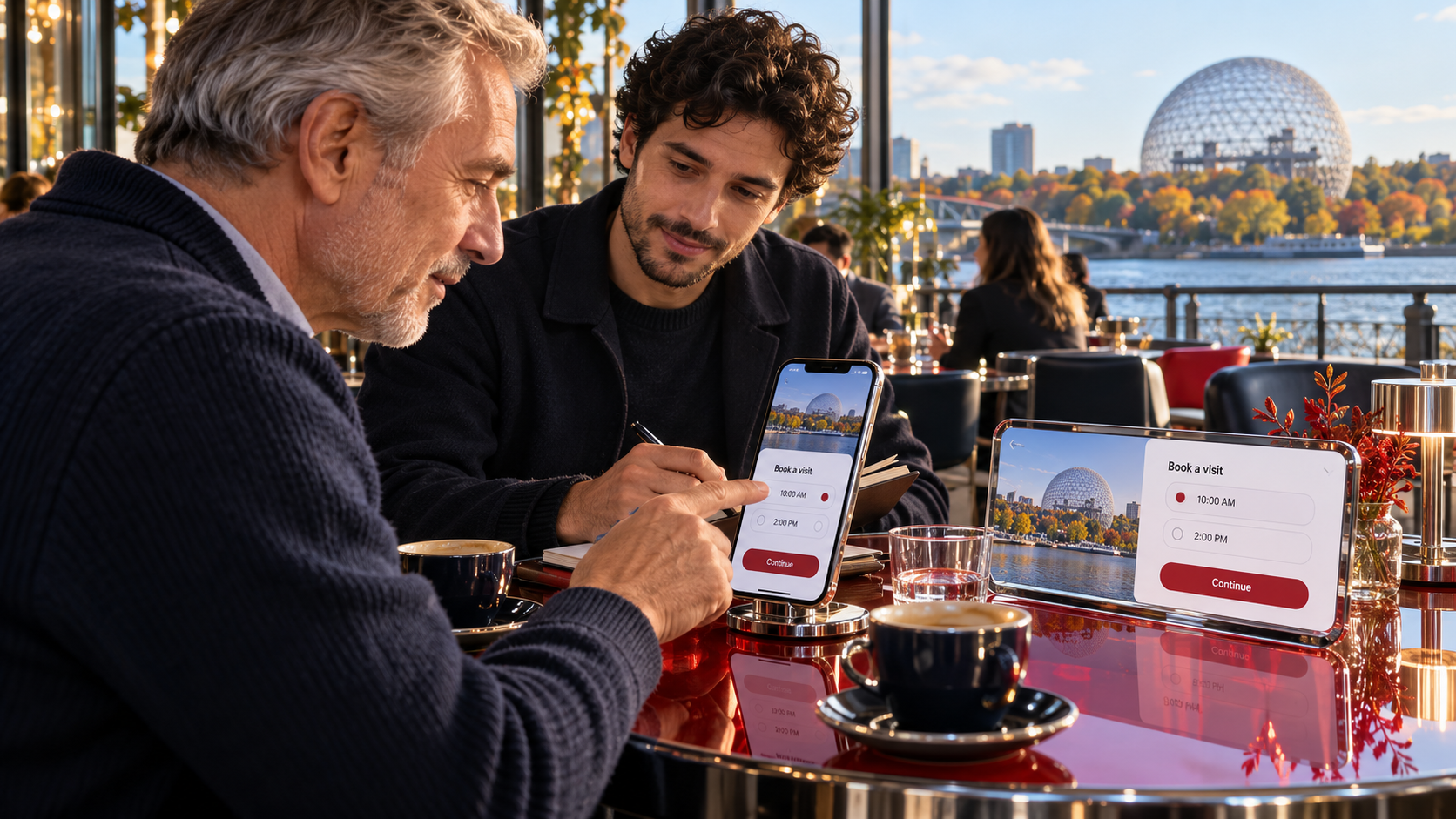 Designer observing an older user testing a mobile app prototype for booking a visit in Montréal.