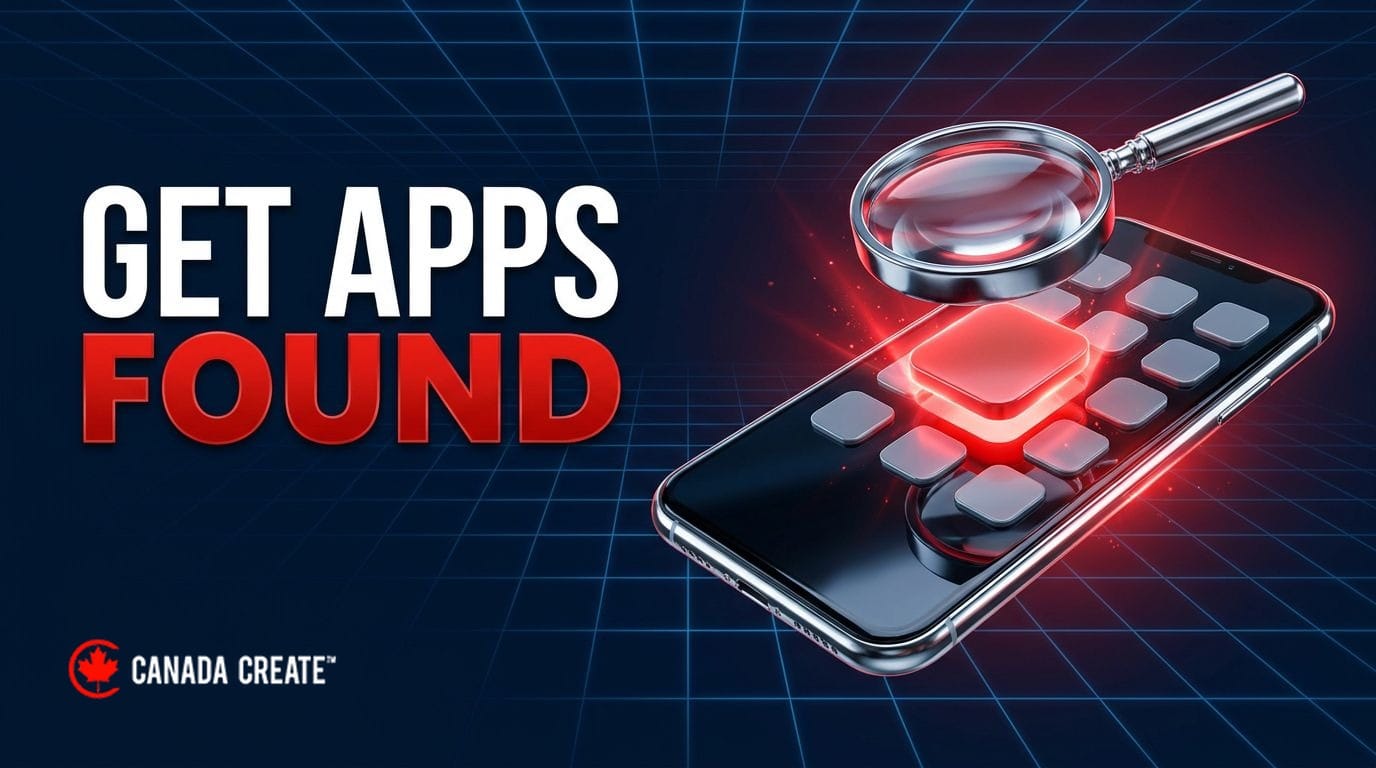 Get apps found: a smartphone with one app tile lifting out of the grid and glowing red under a chrome magnifier
