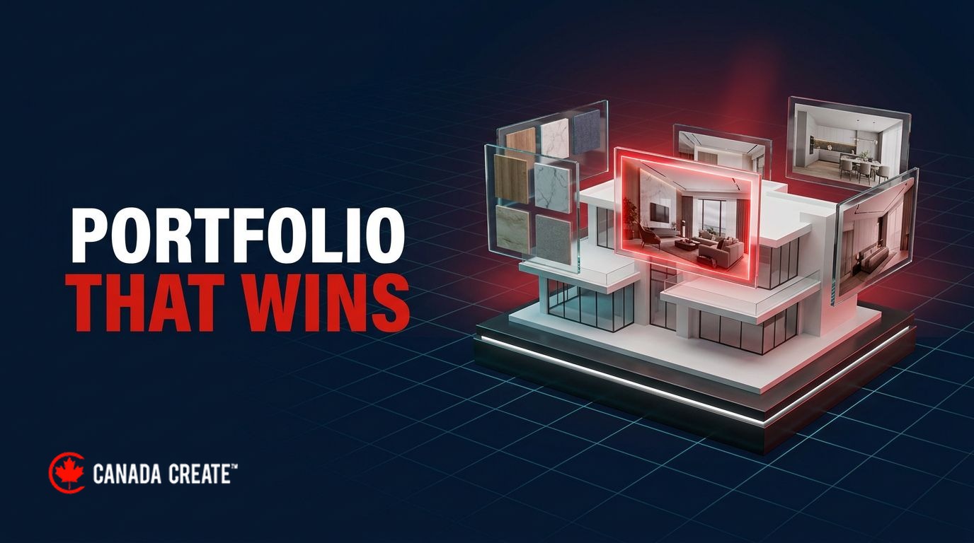 Portfolio that wins: a white villa model on a plinth surrounded by floating glass frames of renders, one glowing red