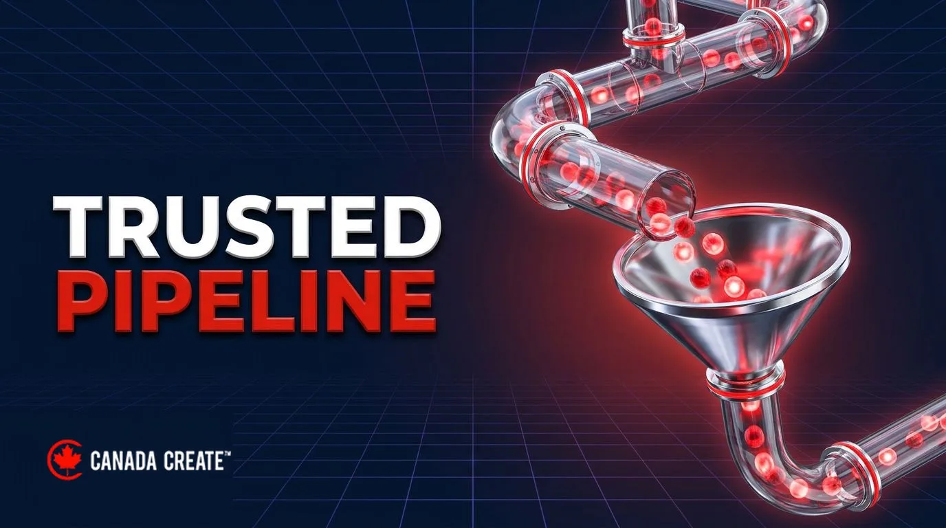 Trusted pipeline: a glass pipeline carrying glowing red orbs into a polished chrome funnel