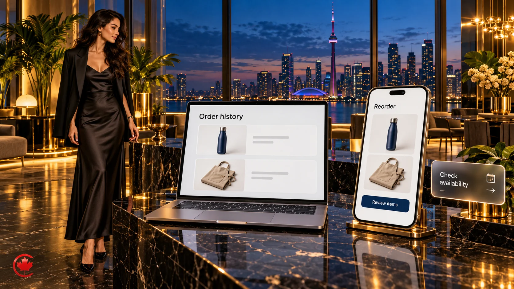 B2B order-history and reorder screens showing the same bottle and folded textile product.