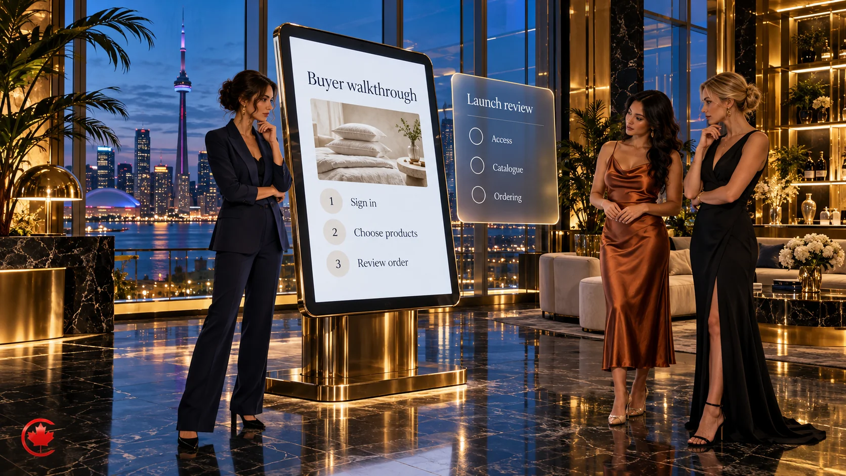 Three people review buyer access, catalogue selection and ordering steps before a B2B rollout.