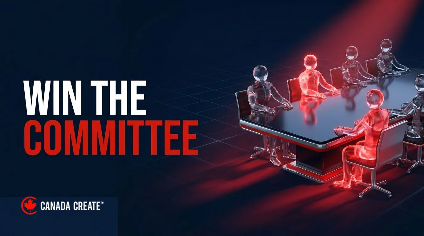 Win the committee: glass figurines around a boardroom table turning red one after another in a beam of light