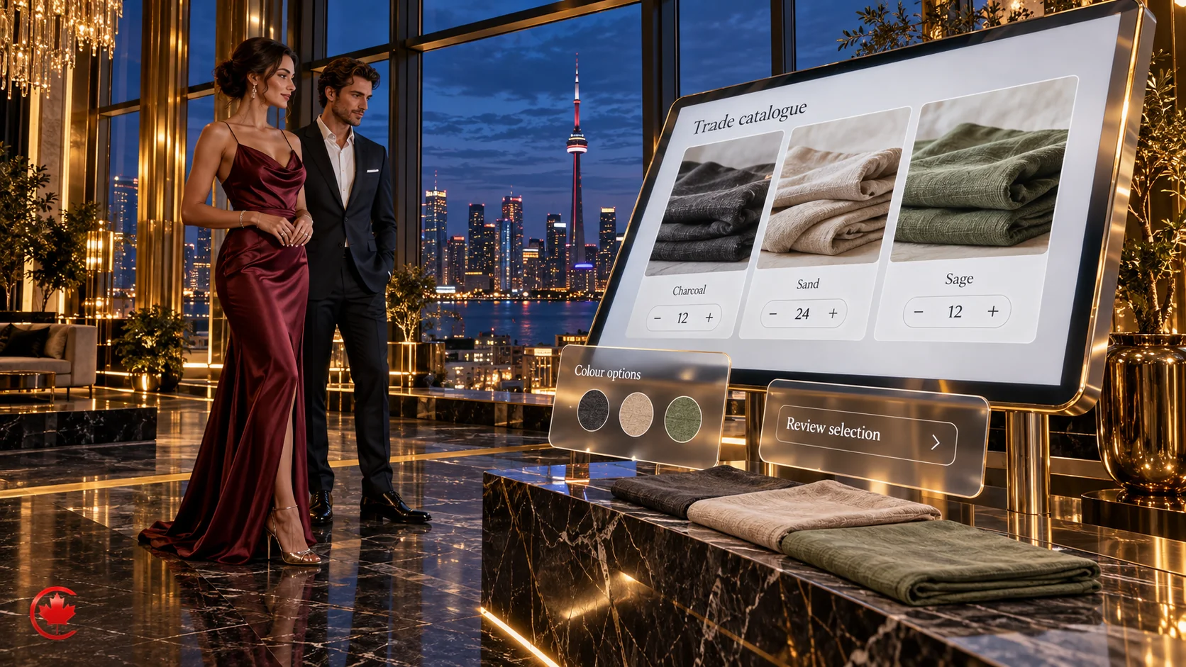 B2B trade catalogue interface showing fabric colour options and quantity controls.