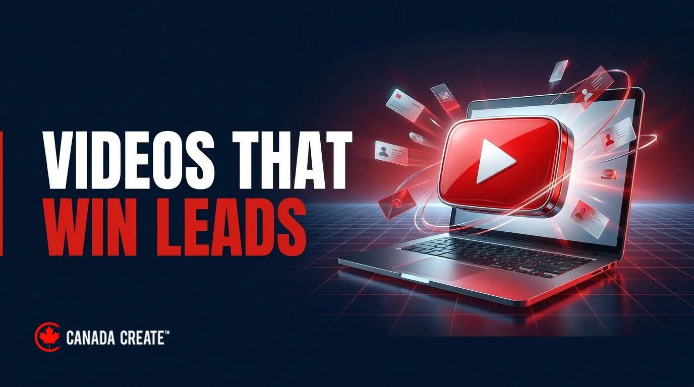 Videos that win leads: a red play button bursting from a laptop with contact cards flying out