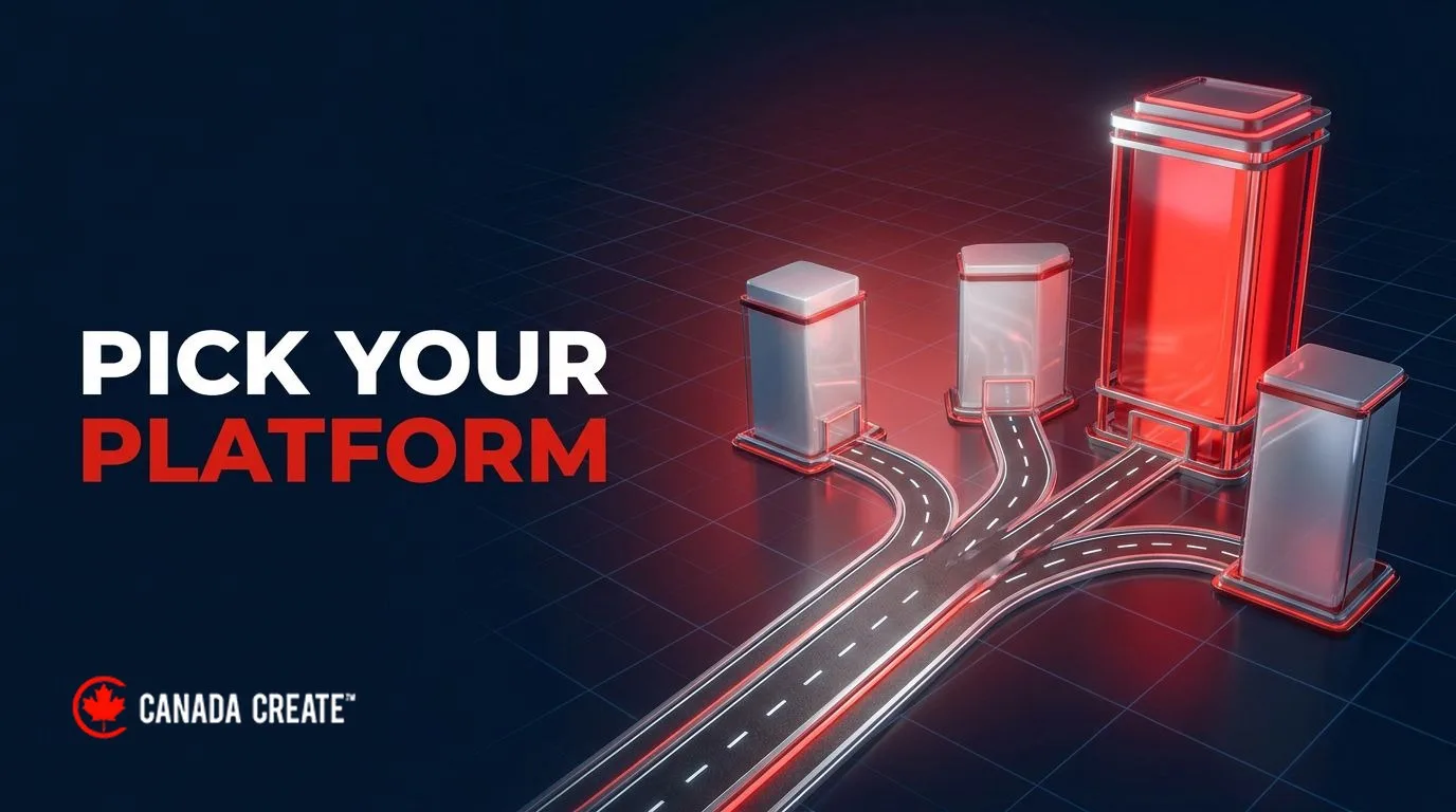 Pick your platform: a glowing road splitting into four paths, one ending at a tall red block