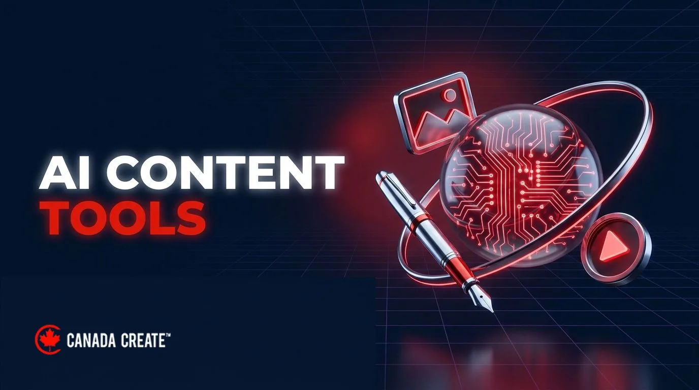AI content tools: a glass sphere with a red circuit inside, orbited by a pen, a picture frame and a play button