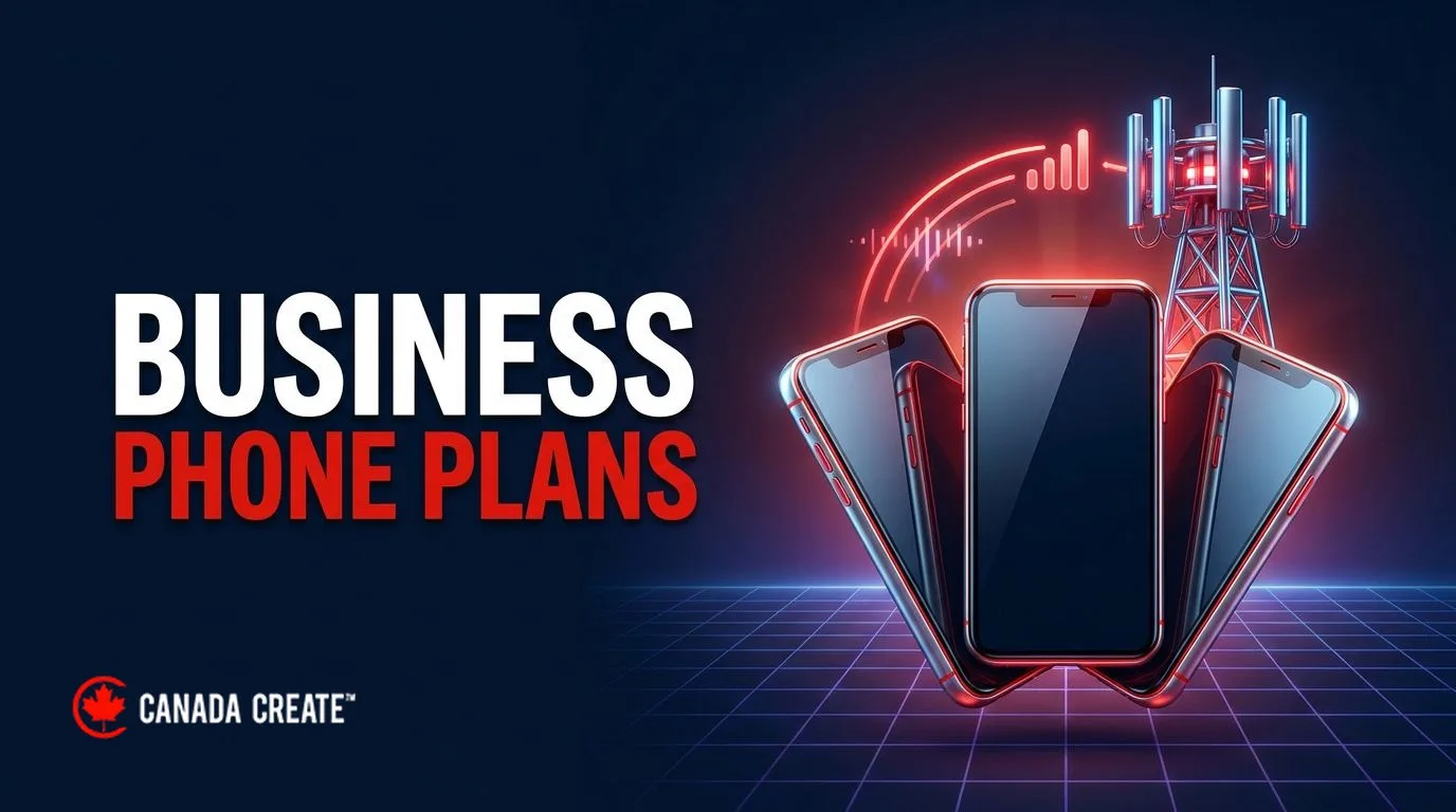 Business phone plans: three smartphones fanned out with a red signal arc linking them to a chrome cell tower