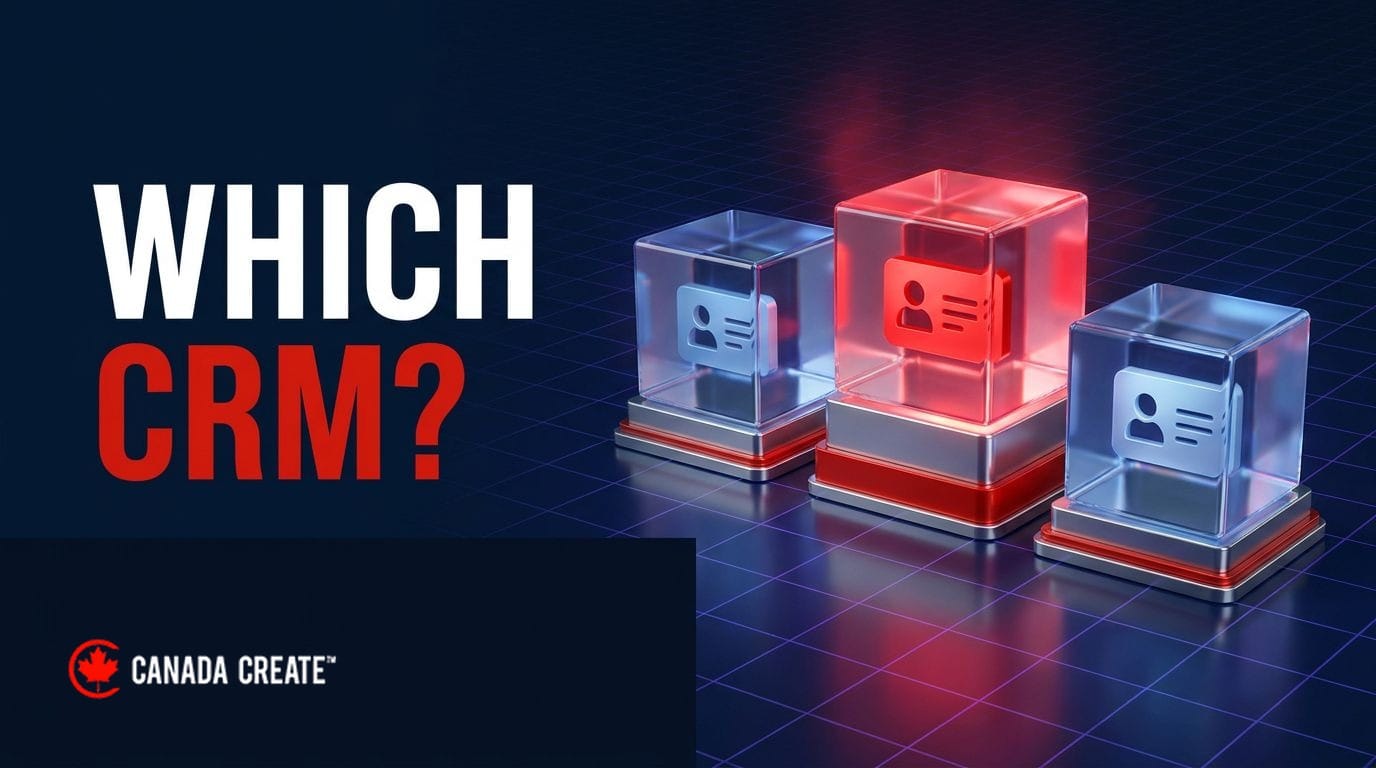 Which CRM: three glass cubes with contact-card icons, the middle one glowing red and rising higher