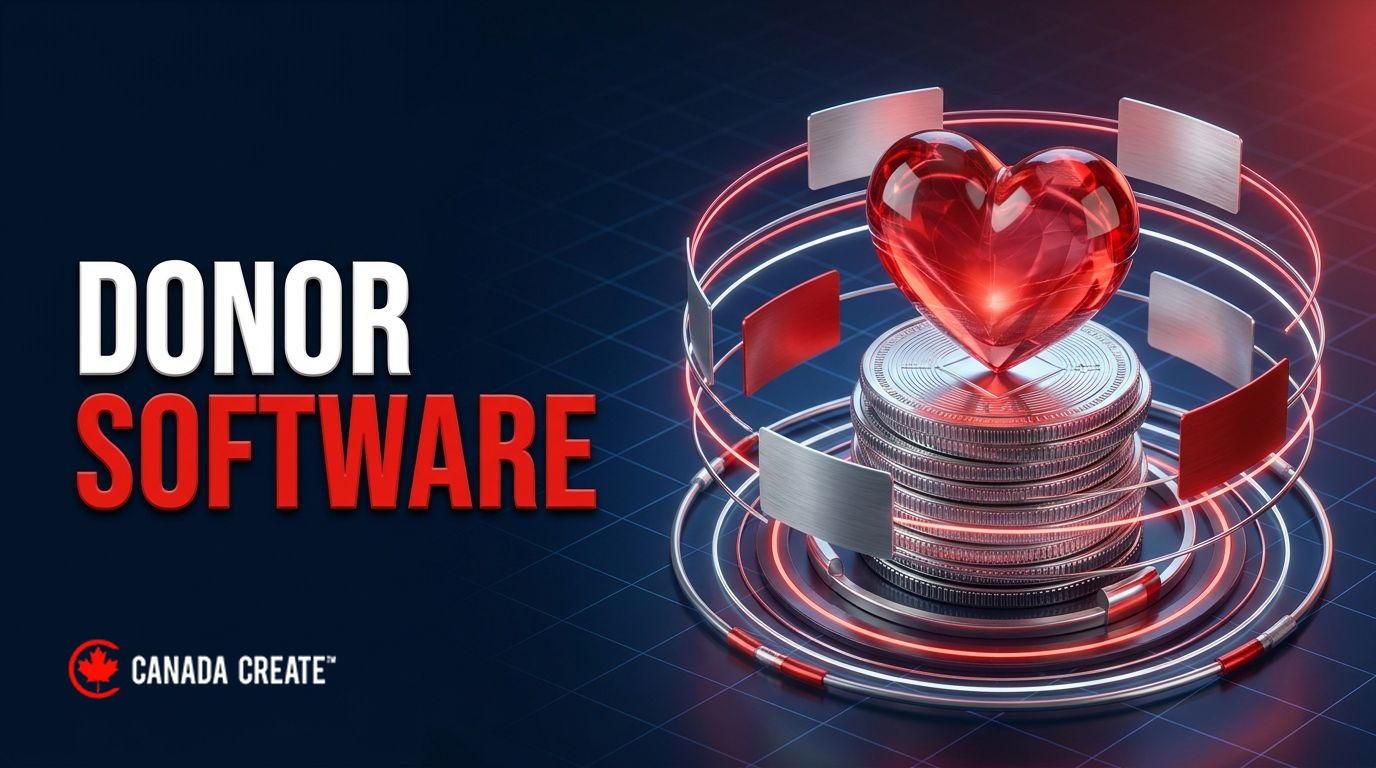 Donor software: a red glass heart on a stack of silver coins with contact cards orbiting on rings of light