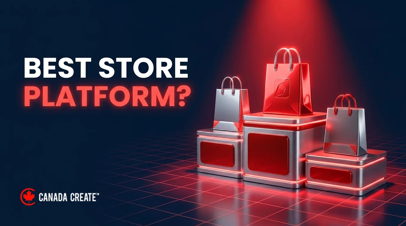 Best store platform: a winners podium with shopping bags, the top one glowing red