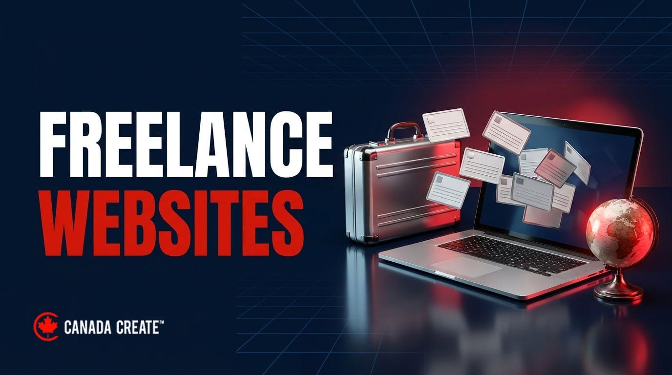Freelance websites: a laptop with job cards flying toward a chrome briefcase beside a glowing red globe