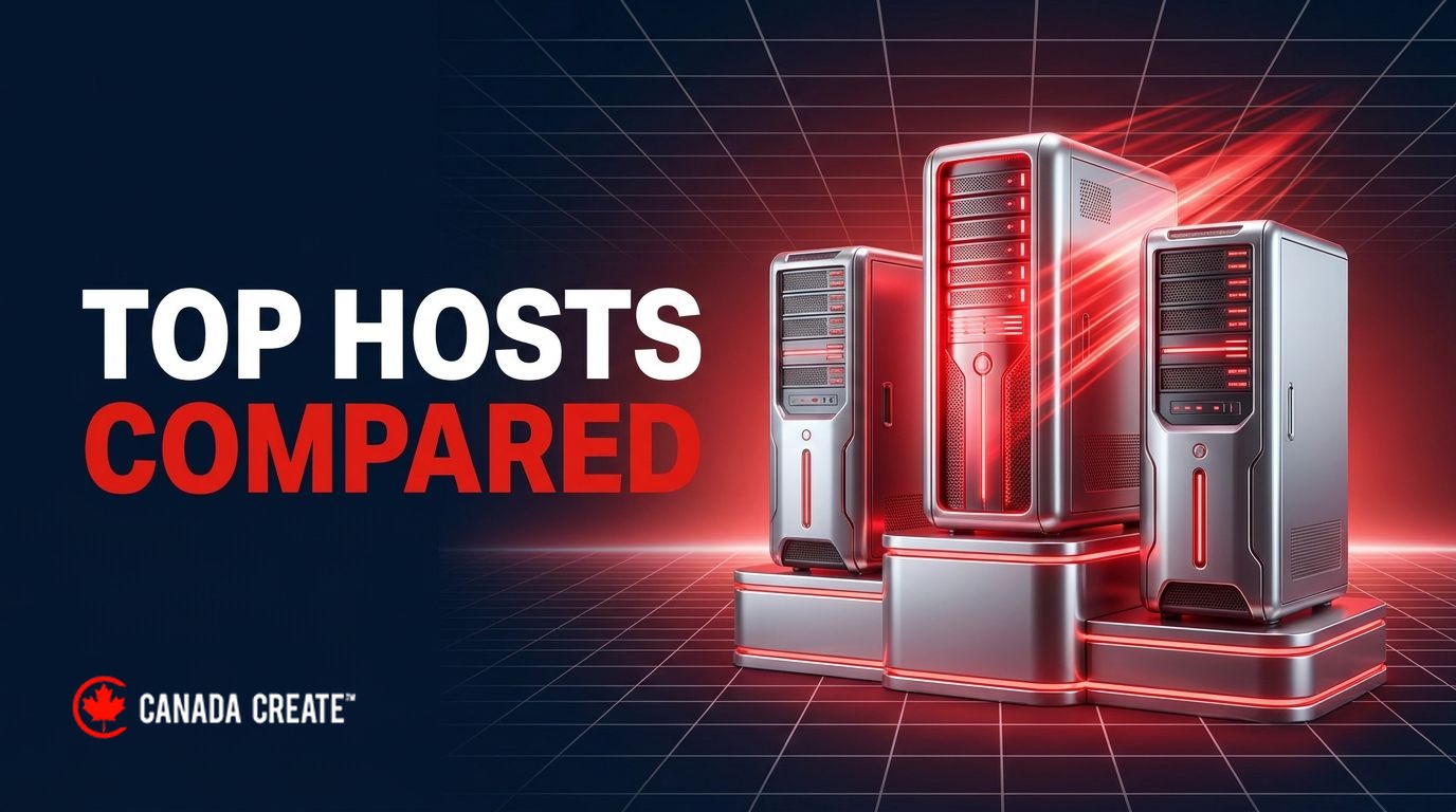 Top hosts compared: three server towers on a winner's podium with the middle one glowing red