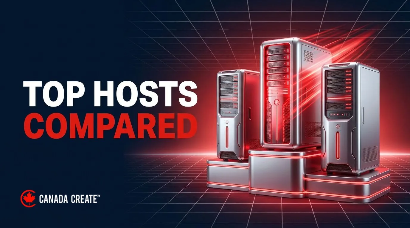 Top hosts compared: three server towers on a winner's podium with the middle one glowing red