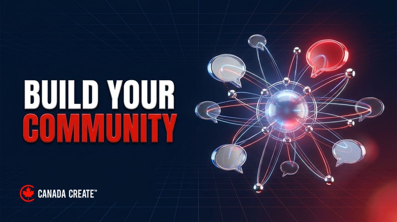 Build your community: a glass hub linked to chrome nodes with speech bubbles orbiting, one glowing red