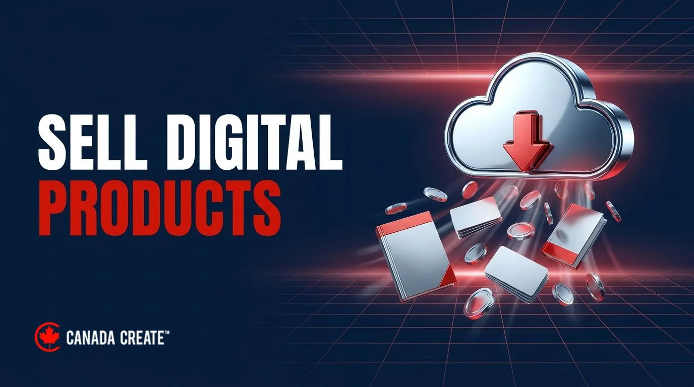 Sell digital products: a chrome cloud with a red download arrow releasing ebooks, template cards and coins