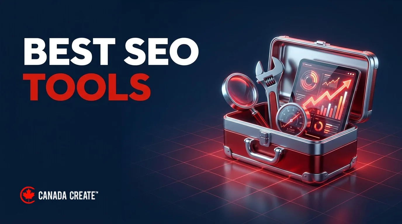 Best SEO tools: an open toolbox with a magnifying glass, wrench, gauge and red tablet