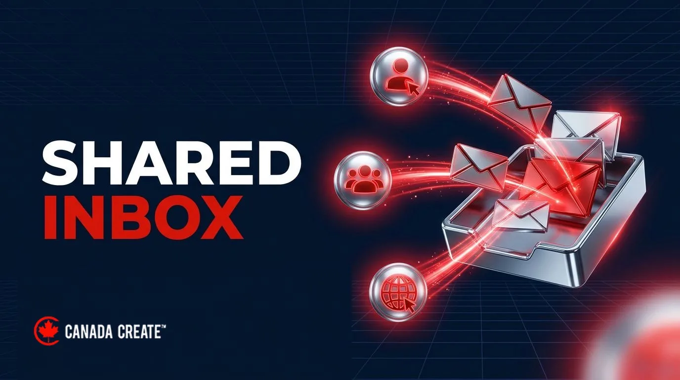 Shared inbox: envelopes flying from a chrome inbox tray, routed by red light beams to three user icons