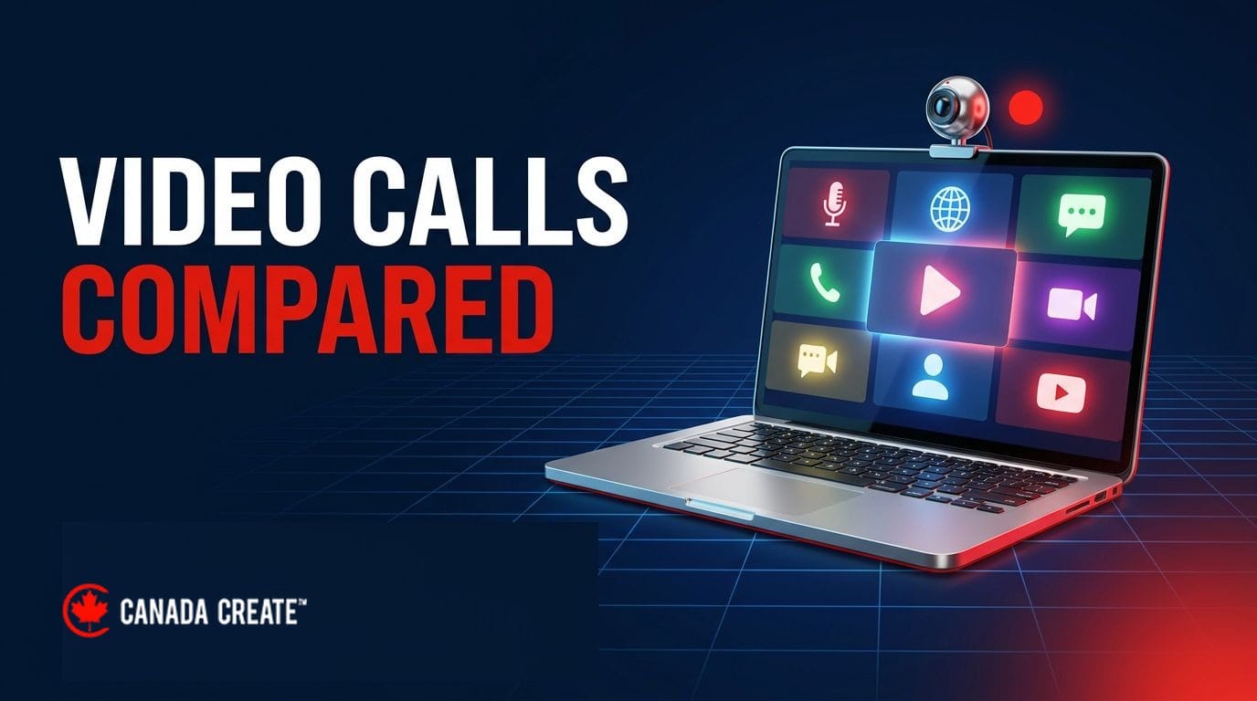 Video calls compared: a silver laptop showing a grid of video tiles with a chrome webcam and a red record dot