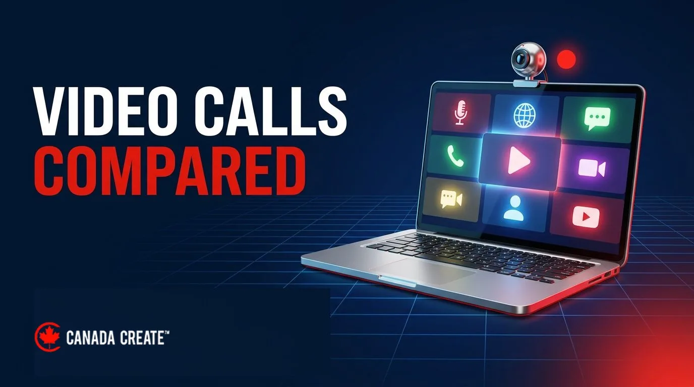 Video calls compared: a silver laptop showing a grid of video tiles with a chrome webcam and a red record dot