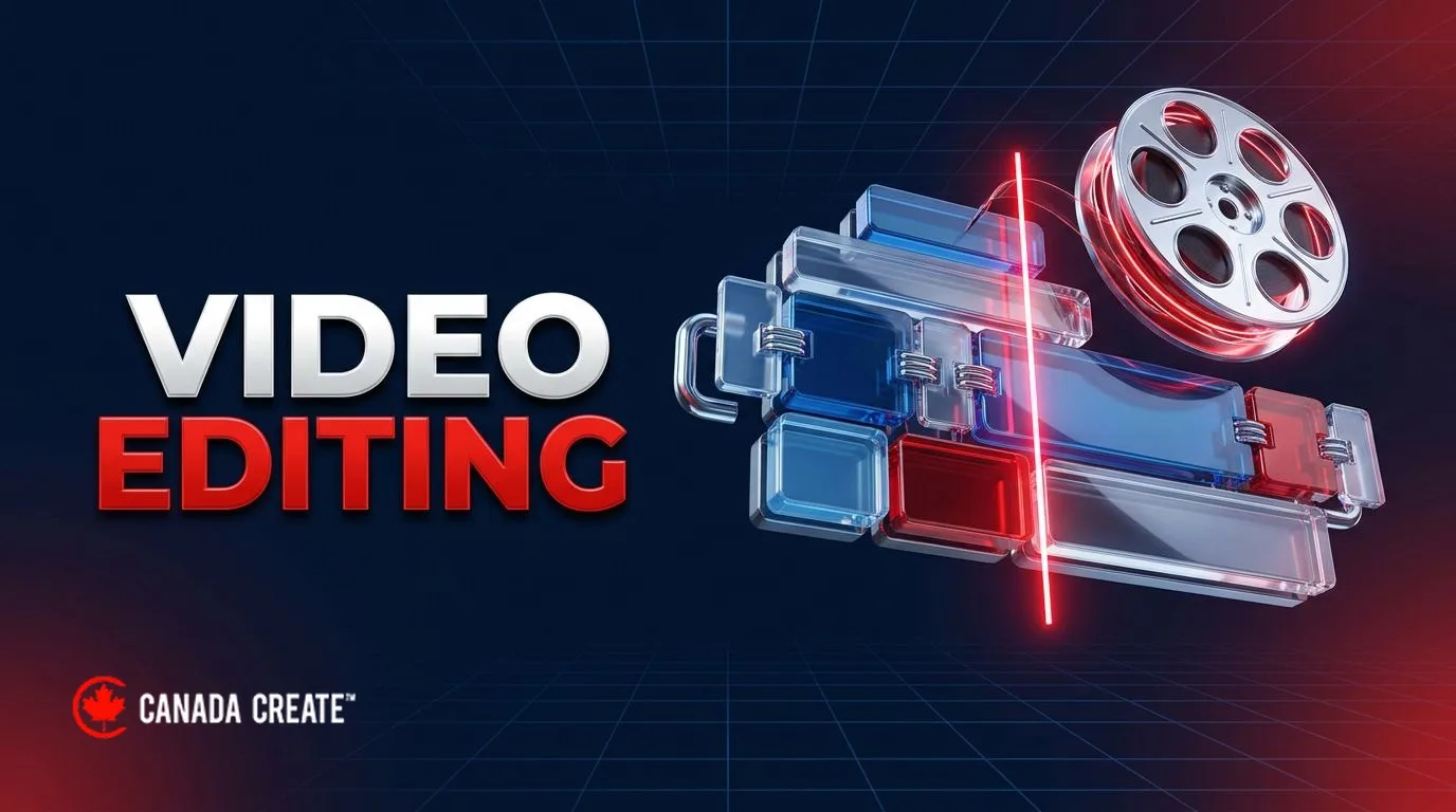 Video editing: a glass editing timeline with clip blocks, a chrome film reel and a red playhead