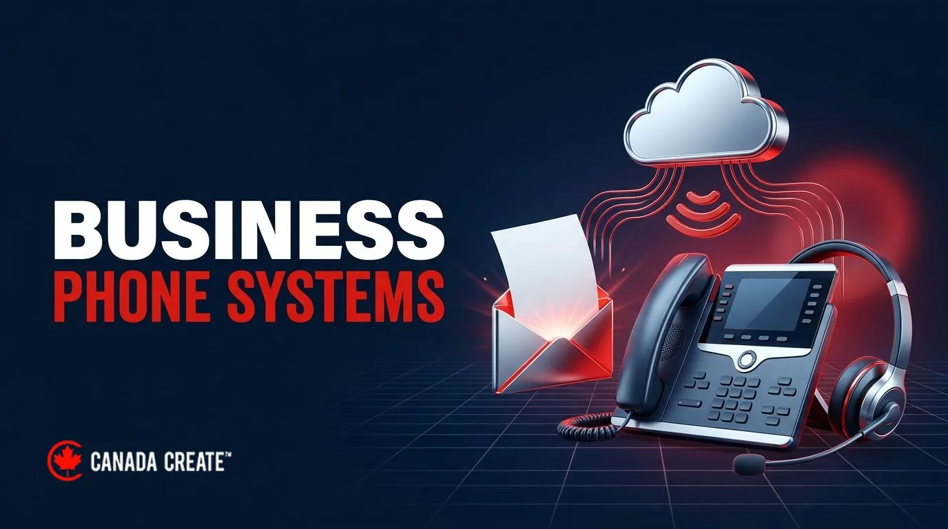 Business phone systems: a desk phone and headset under a chrome cloud sending red signal waves, with a page flying into a glowing envelope