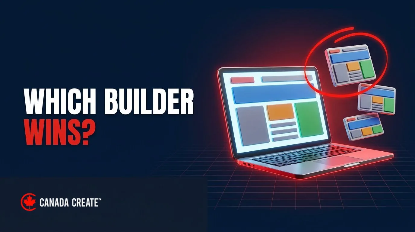 Which builder wins: a laptop website layout with competing blocks and a red circle callout