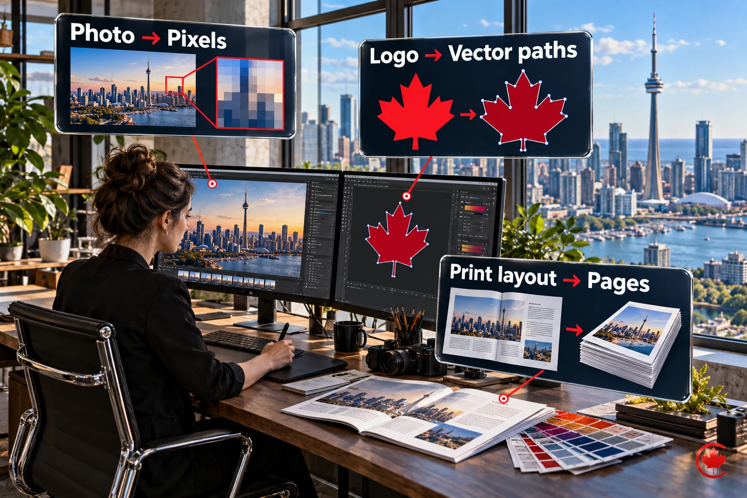 Photo editing maps to pixels, logo artwork to vector paths, and print layout to pages.
