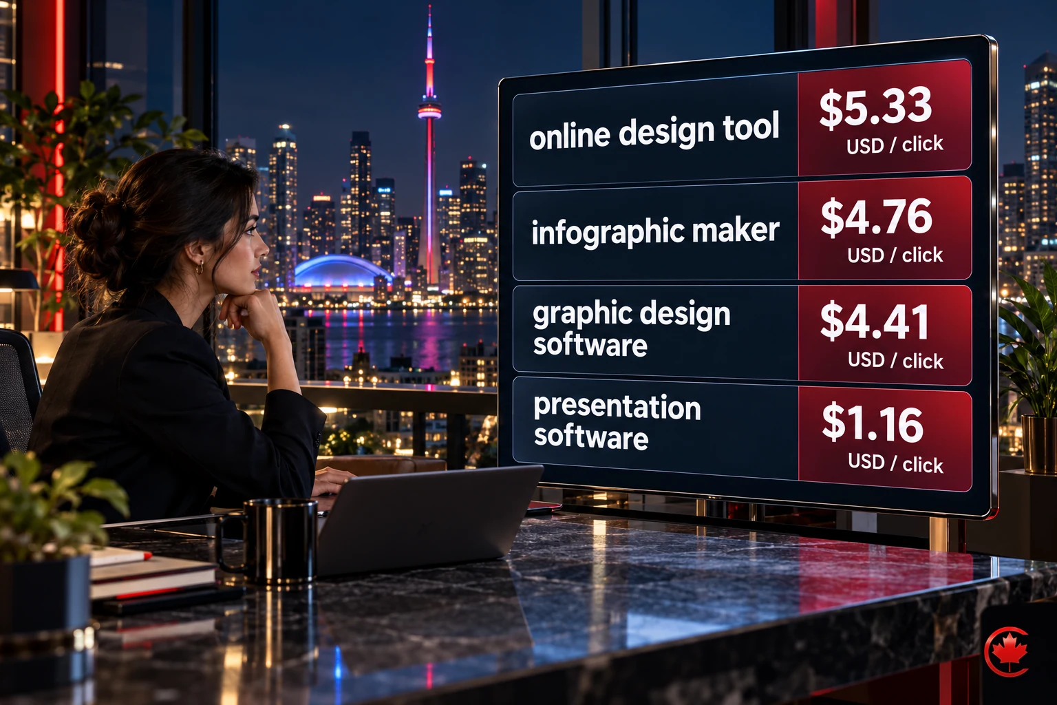 Keyword and estimated cost-per-click comparison: online design tool, US$5.33; infographic maker, US$4.76; graphic design software, US$4.41; presentation software, US$1.16.