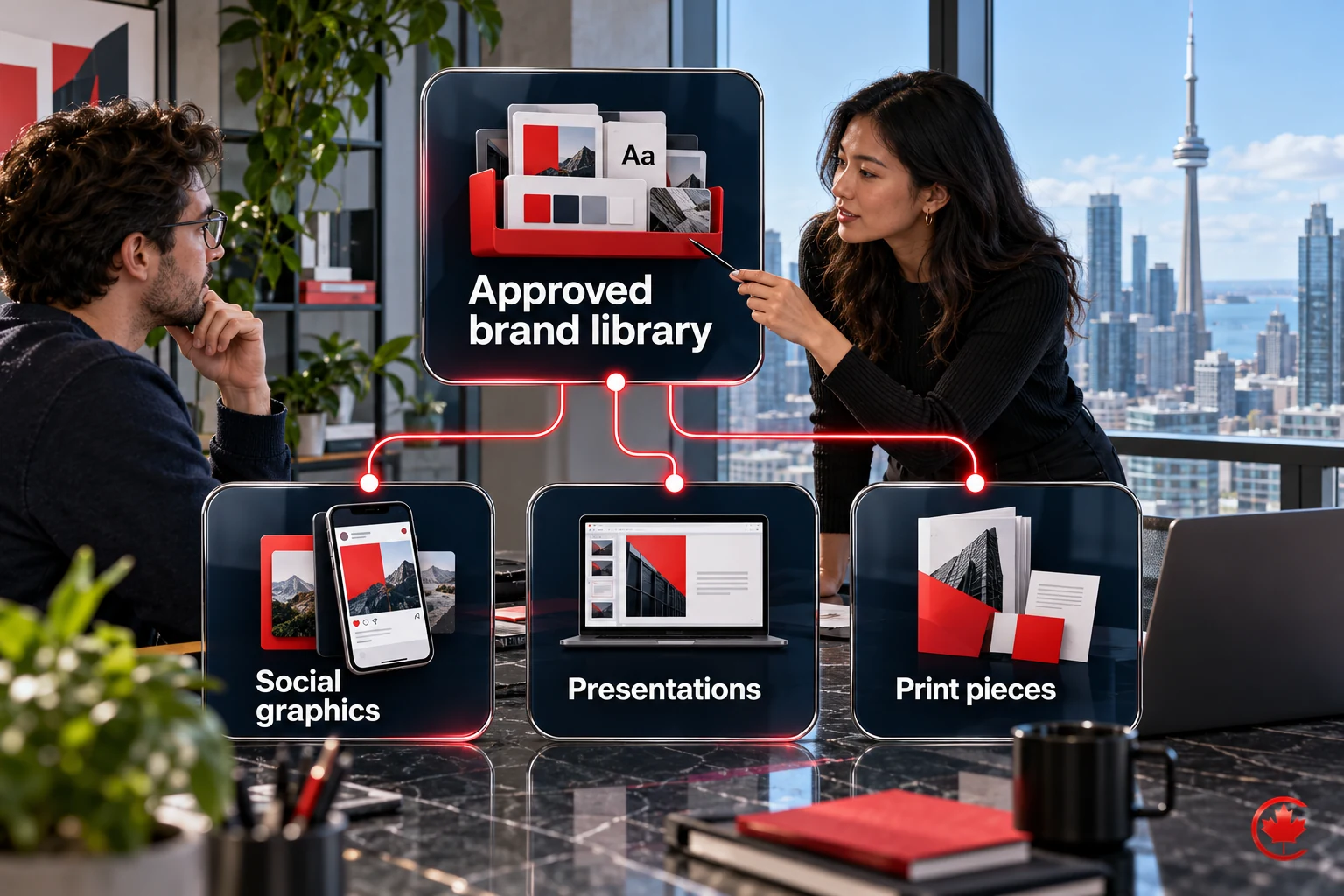 An approved brand library connects to social graphics, presentations and print pieces.