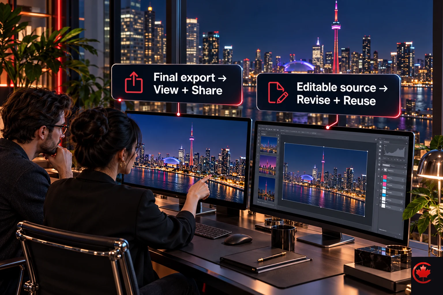 A final export is shown for viewing and sharing, alongside an editable source for revision and reuse.