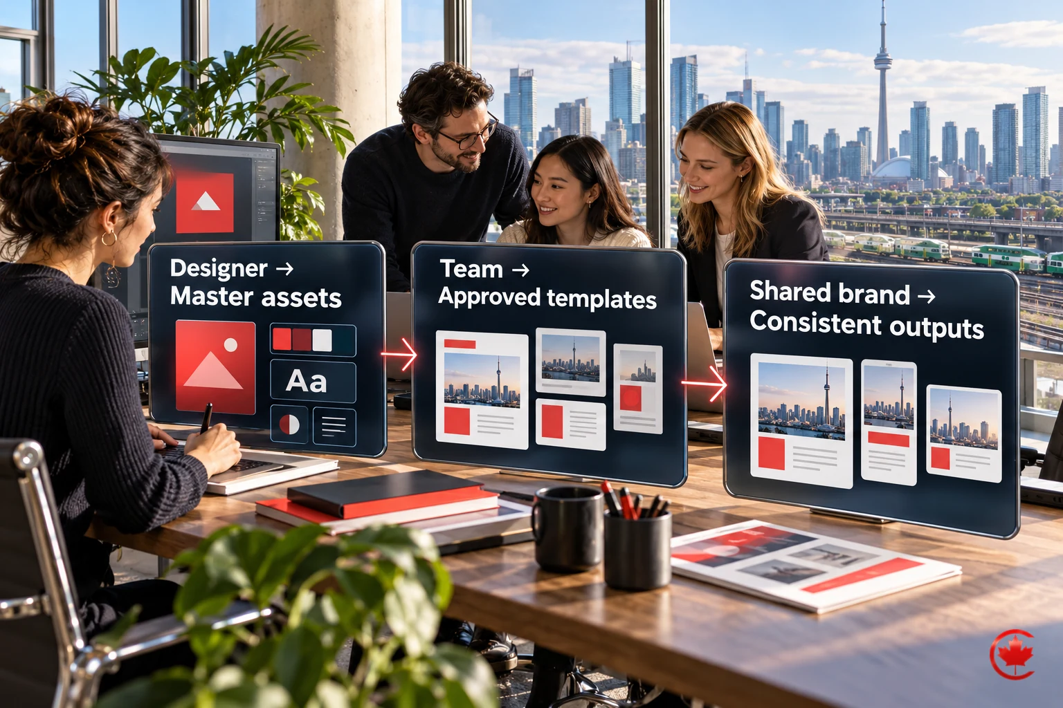 Master assets created by a designer feed approved team templates and consistent outputs.