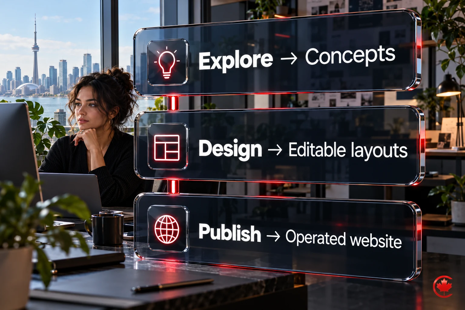 Three stages map exploration to concepts, design to editable layouts and publishing to an operated website.