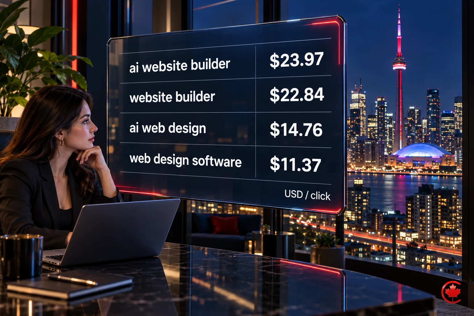Keyword and estimated cost-per-click comparison: ai website builder, US$23.97; website builder, US$22.84; ai web design, US$14.76; web design software, US$11.37.