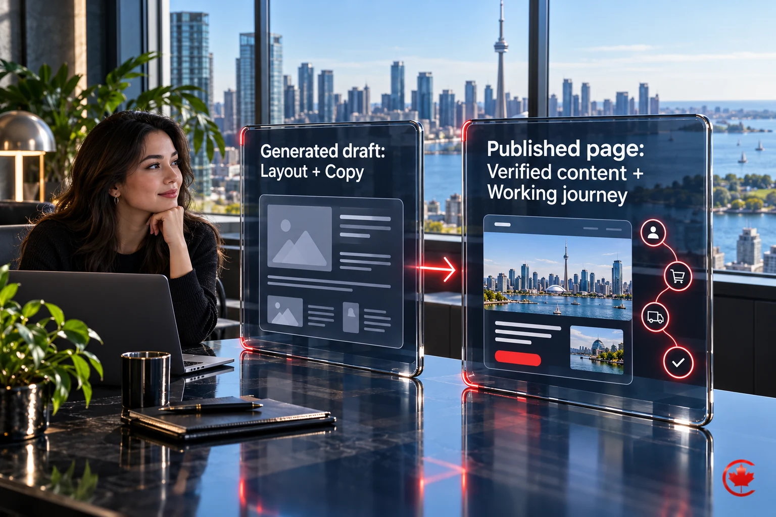 Two glass panels distinguish a generated layout and copy from a published page with verified content and a working customer journey.