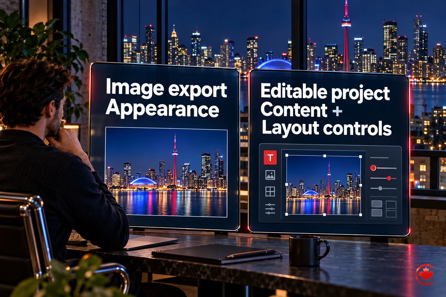 Image export shows appearance, while an editable project retains content and layout controls.