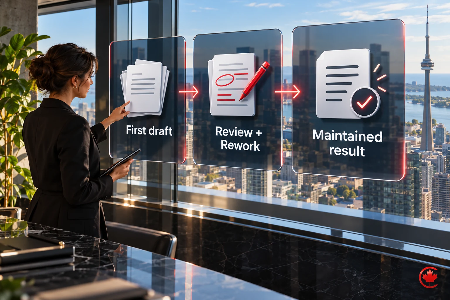 A three-stage visual connects a first draft, review and rework, and the maintained result.