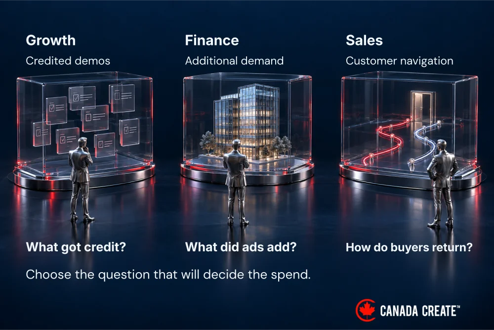 Growth asks about credited demos, finance about additional demand, and sales about customer navigation.